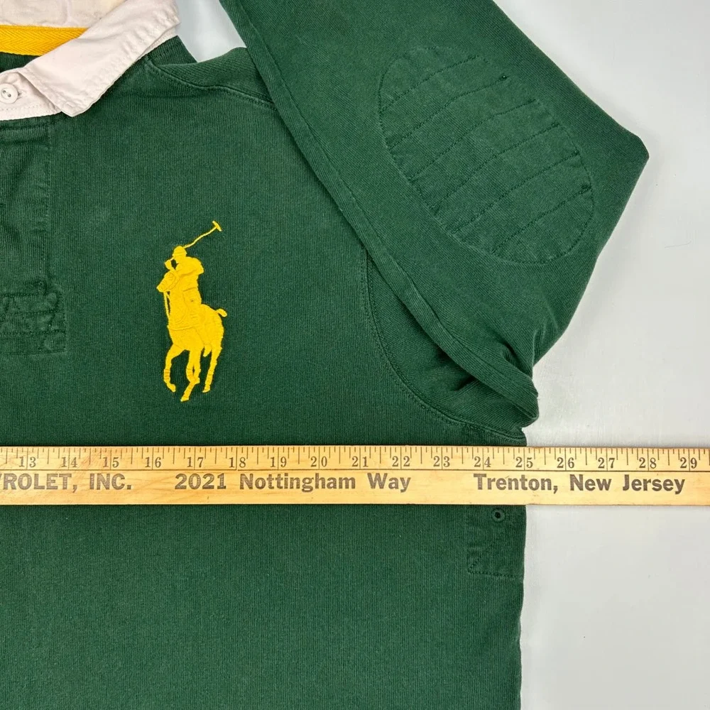 Polo Ralph Lauren Mens Big Pony Rugby Shirt Green Yellow Long Sleeve Size L